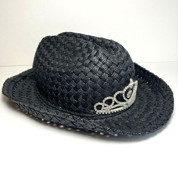 Black Straw Girls Rodeo Cowboy Hat W/ Tiara Elastic Band Inside comfort fit - Picture 2 of 8